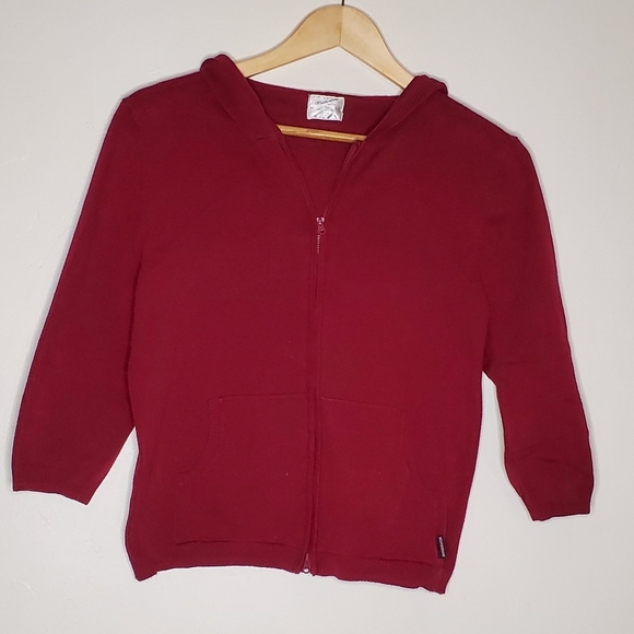 Burgundy Flat Knit Basic Casual Zip-Up Hoodie Sweather with Pockets - Picture 11 of 12